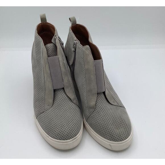 Linea Paolo Women's Size 8M Felicia Grey Suede Zip High Heel Wedge Ankle Boots - Picture 1 of 7